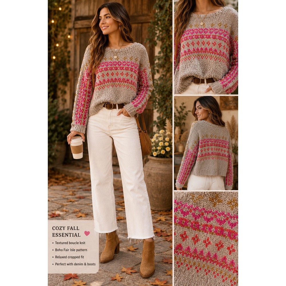 Natural Life Women's Large Fair Isle Boucle Jacquard Cropped Sweater Scandi Boho